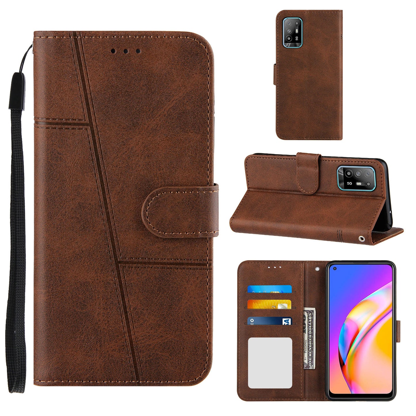 Full Protection Splicing Leather Phone Cover Wallet Stand Case with Strap for Oppo A94 5G