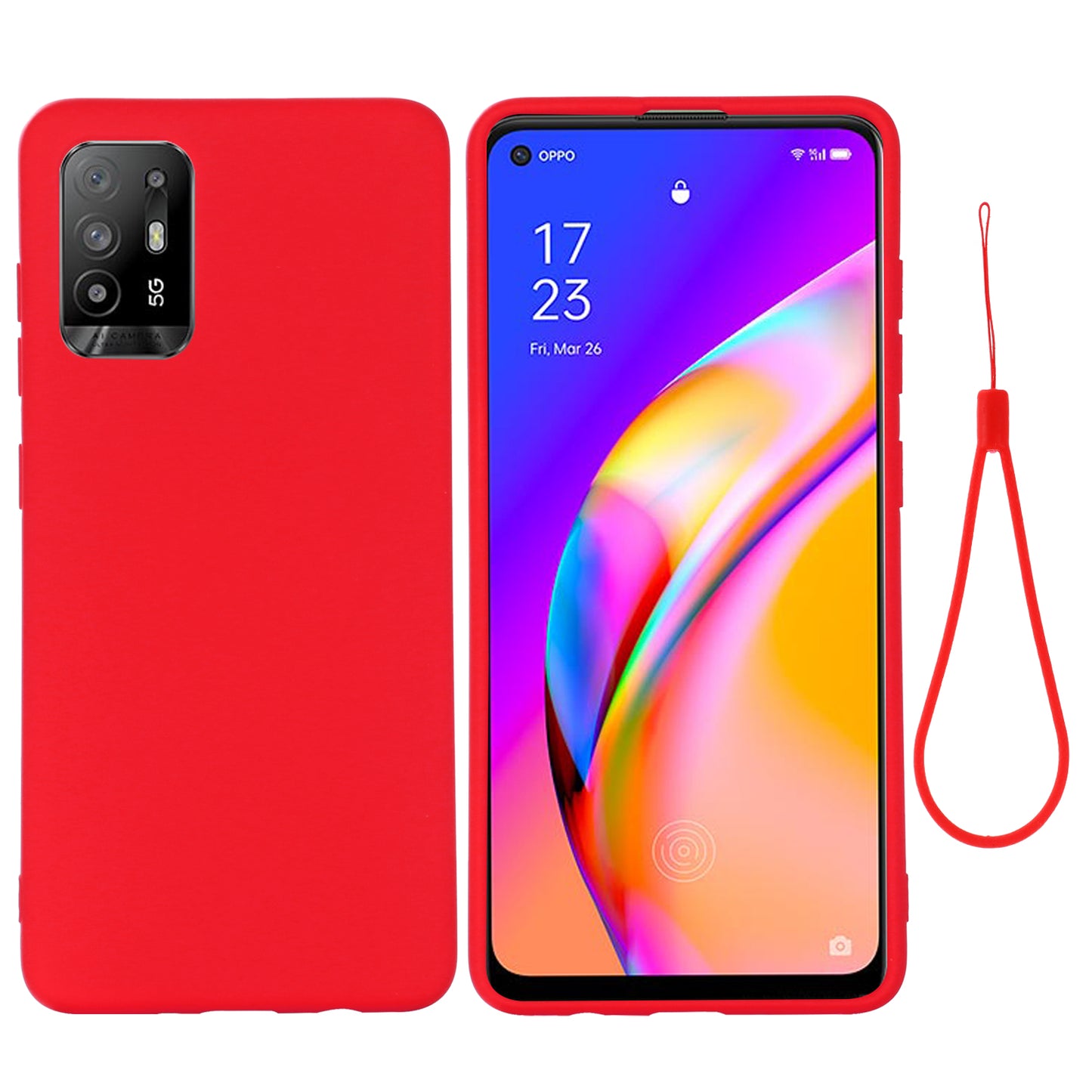 Solid Color Liquid Silicone Soft Phone Case Protective Shell with Strap for Oppo F19 Pro+ 5G