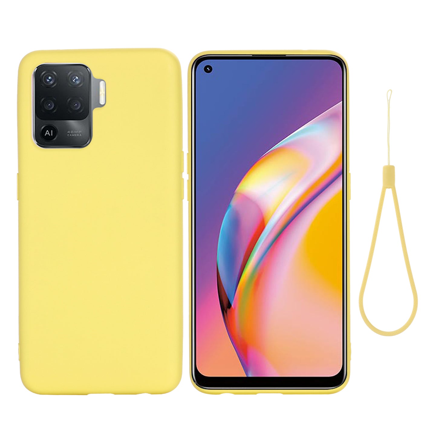 Solid Color Liquid Silicone Soft Phone Case Protective Shell with Strap for Oppo A94 / Reno5 F / F19 Pro / Reno5 Lite