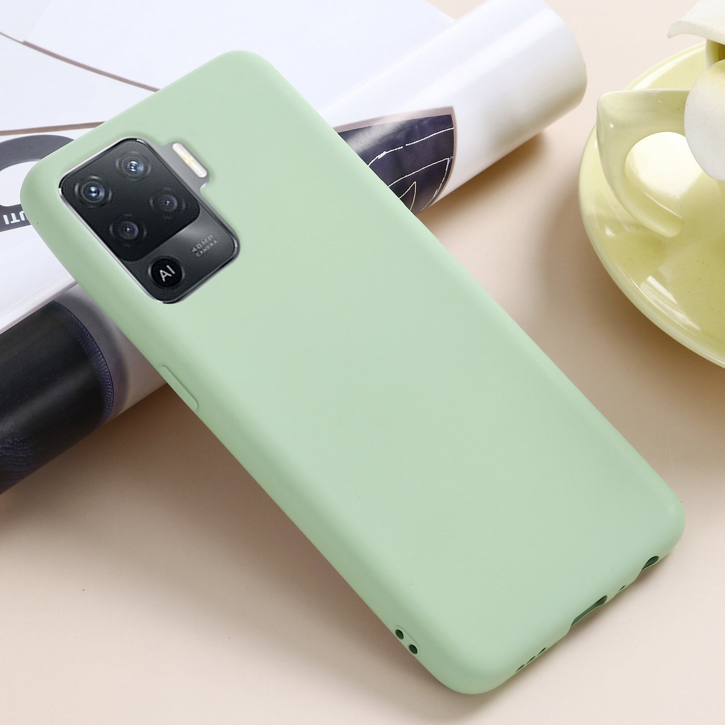 Solid Color Liquid Silicone Soft Phone Case Protective Shell with Strap for Oppo A94 / Reno5 F / F19 Pro / Reno5 Lite