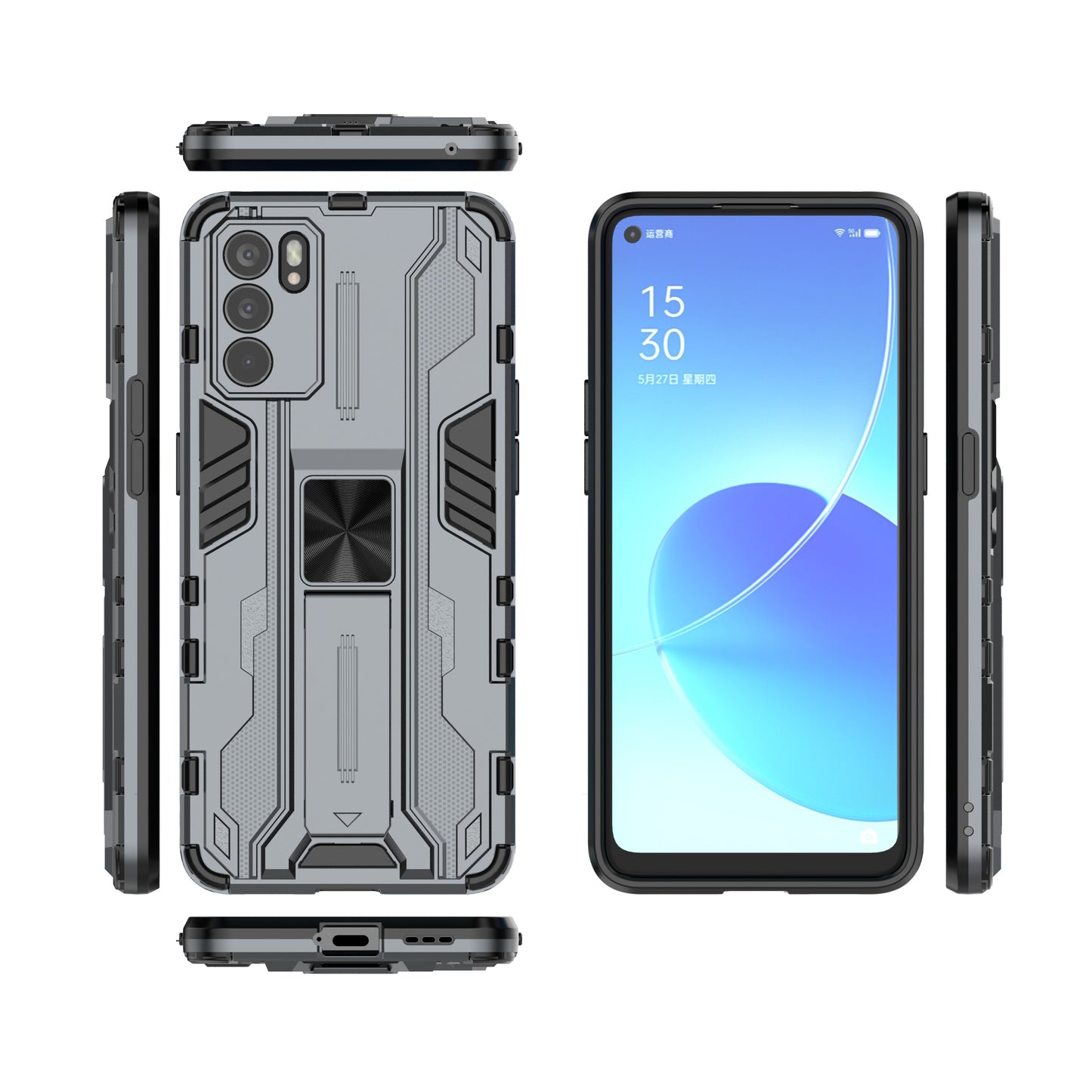 Sturdy Kickstand Hybrid Hard PC + Soft TPU Shockproof Full Body Protective Case for Oppo Reno6 5G