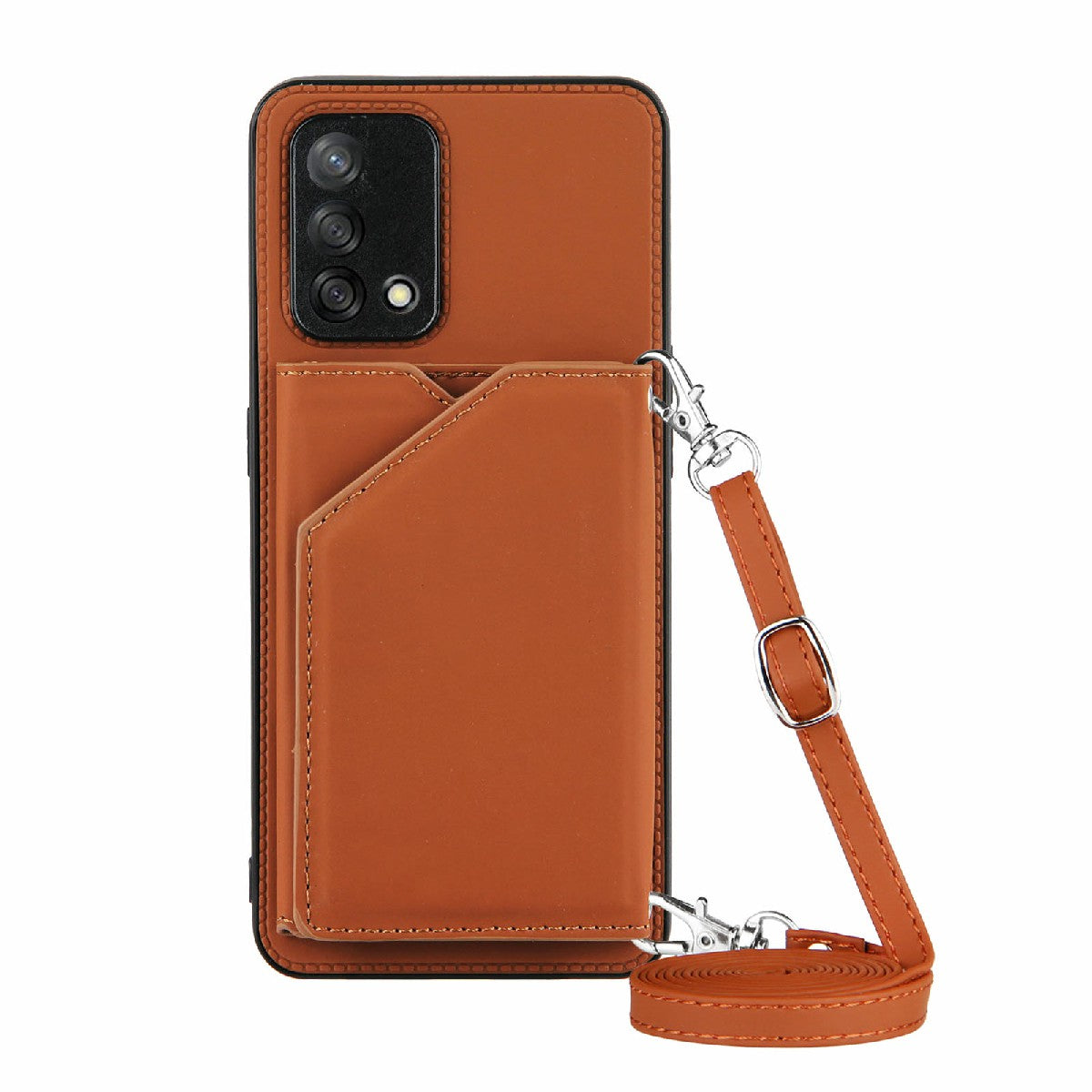 Kickstand Card Holder Glossy Leather TPU Hybrid Phone Case with Shoulder Strap for Oppo A74 4G/F19