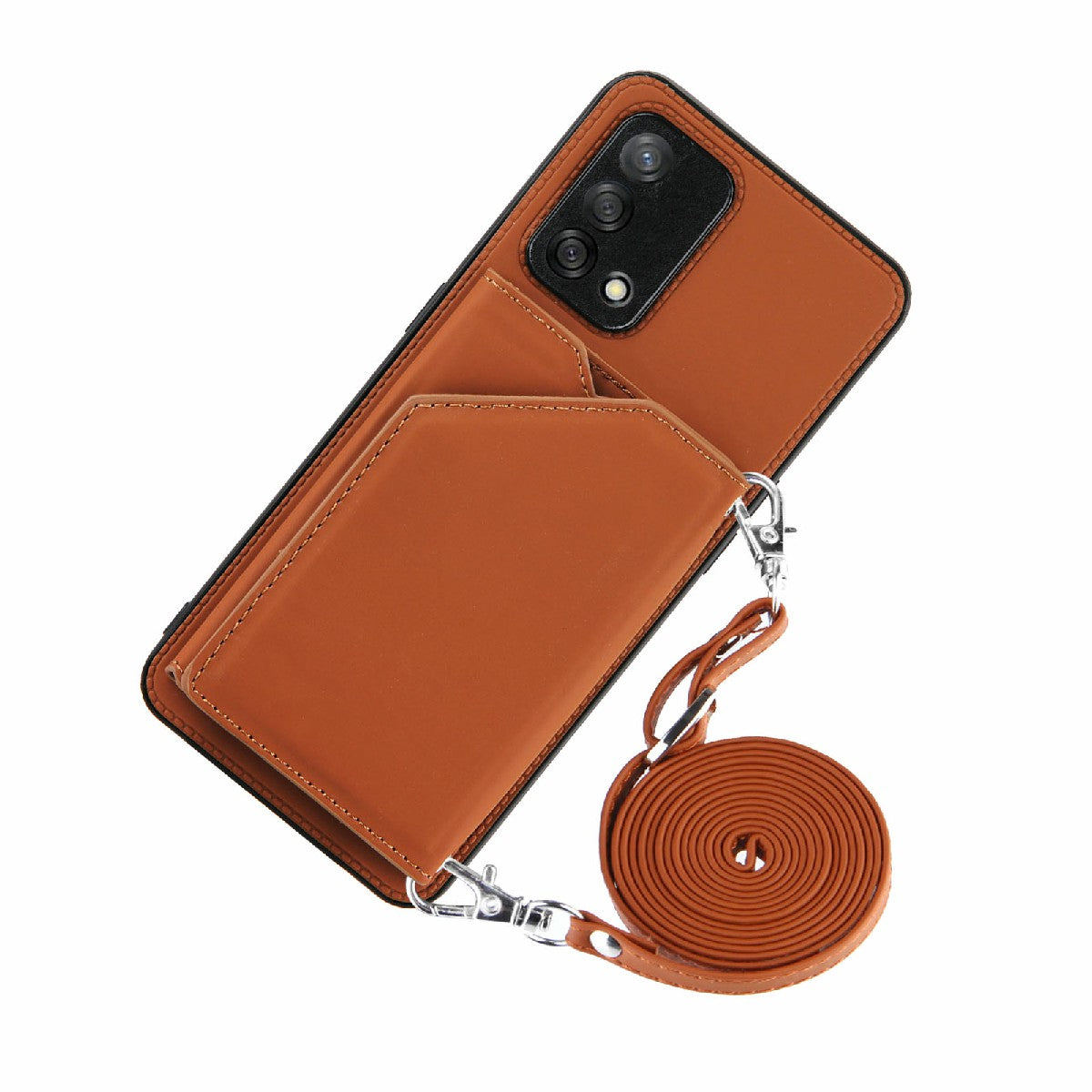 Kickstand Card Holder Glossy Leather TPU Hybrid Phone Case with Shoulder Strap for Oppo A74 4G/F19