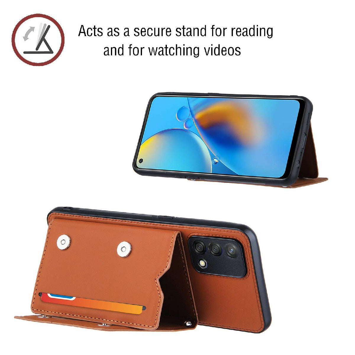 Kickstand Card Holder Glossy Leather TPU Hybrid Phone Case with Shoulder Strap for Oppo A74 4G/F19