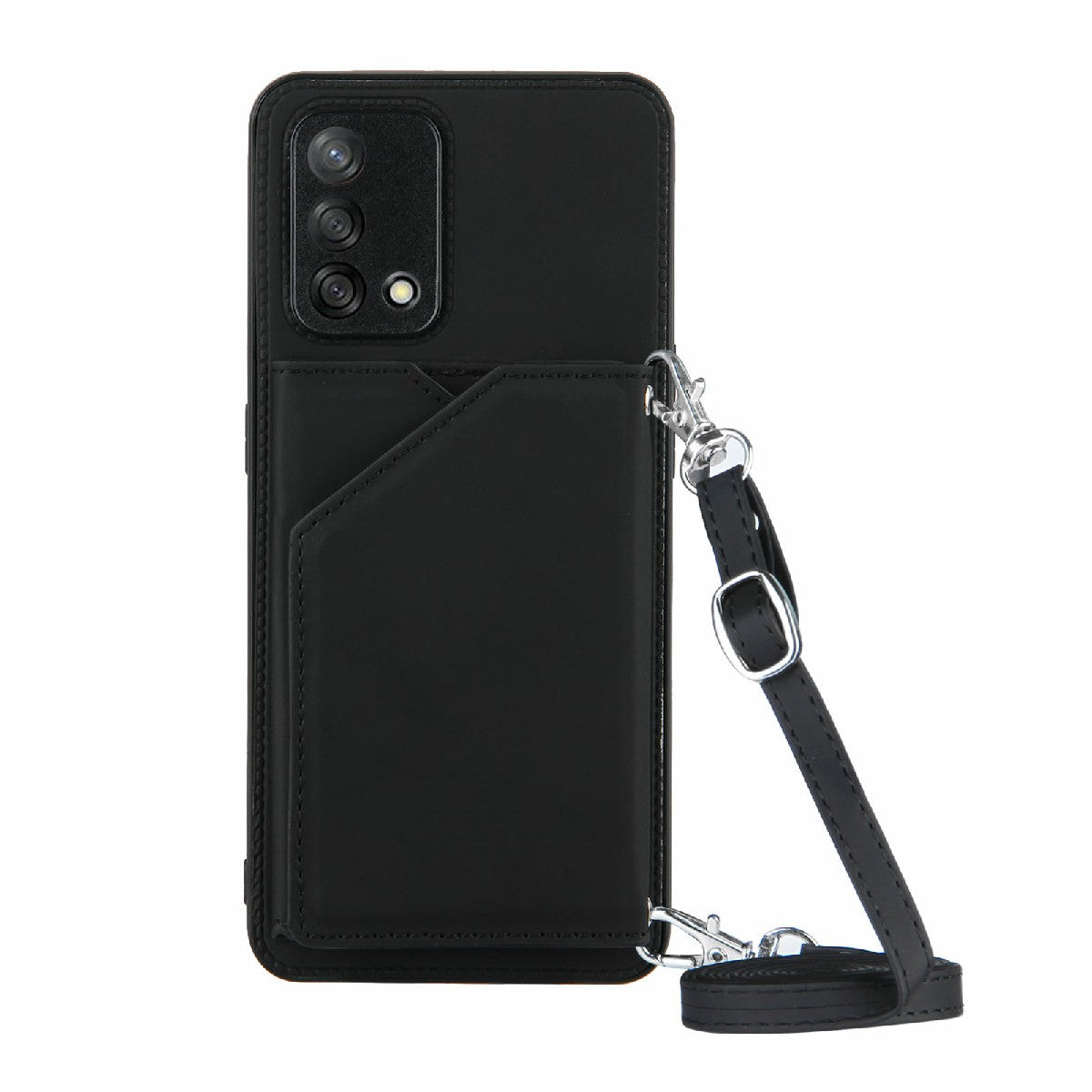 Kickstand Card Holder Glossy Leather TPU Hybrid Phone Case with Shoulder Strap for Oppo A74 4G/F19