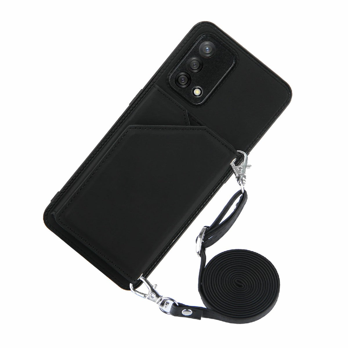 Kickstand Card Holder Glossy Leather TPU Hybrid Phone Case with Shoulder Strap for Oppo A74 4G/F19