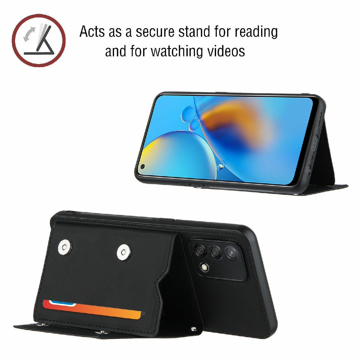 Kickstand Card Holder Glossy Leather TPU Hybrid Phone Case with Shoulder Strap for Oppo A74 4G/F19