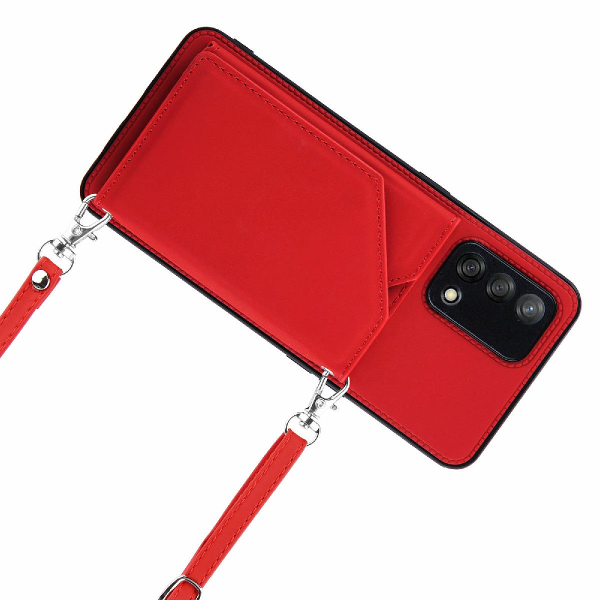 Kickstand Card Holder Glossy Leather TPU Hybrid Phone Case with Shoulder Strap for Oppo A74 4G/F19