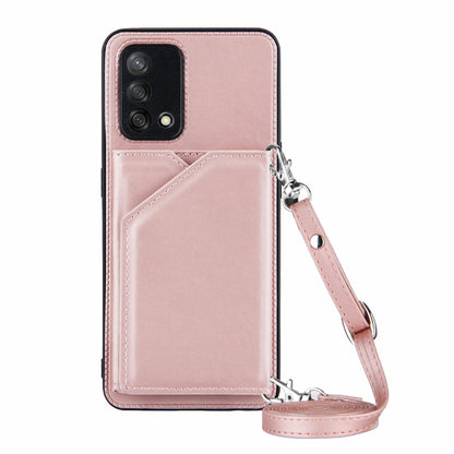 Kickstand Card Holder Glossy Leather TPU Hybrid Phone Case with Shoulder Strap for Oppo A74 4G/F19