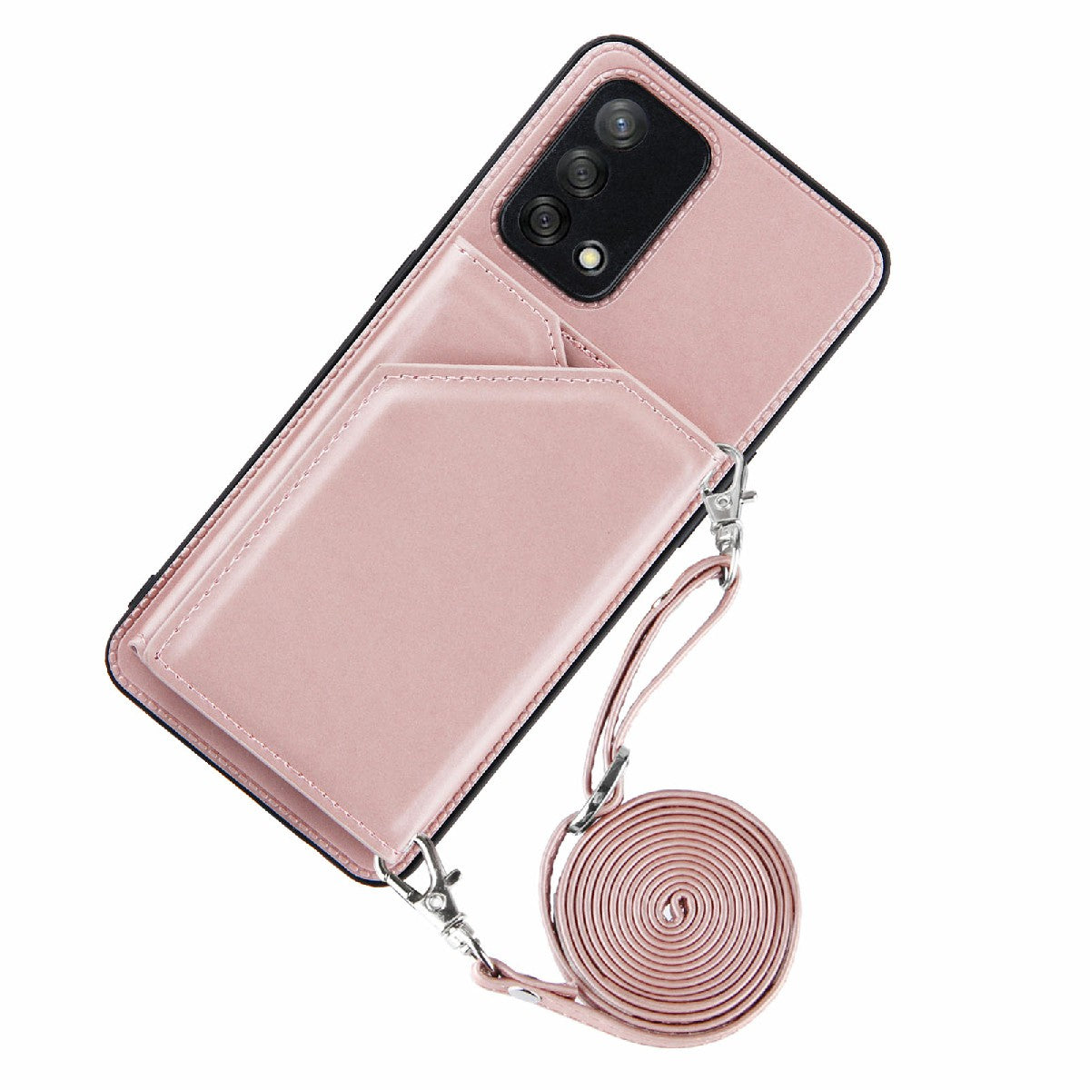 Kickstand Card Holder Glossy Leather TPU Hybrid Phone Case with Shoulder Strap for Oppo A74 4G/F19