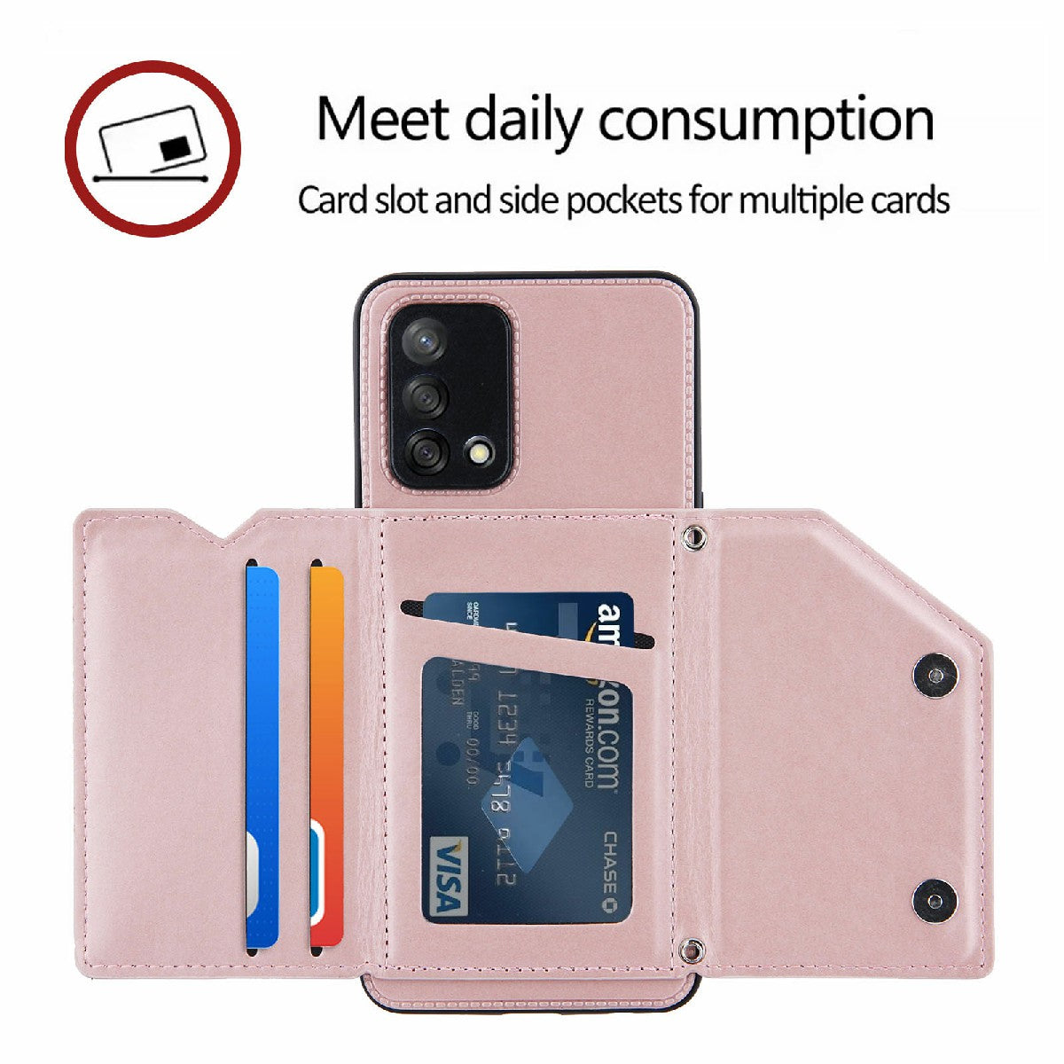 Kickstand Card Holder Glossy Leather TPU Hybrid Phone Case with Shoulder Strap for Oppo A74 4G/F19