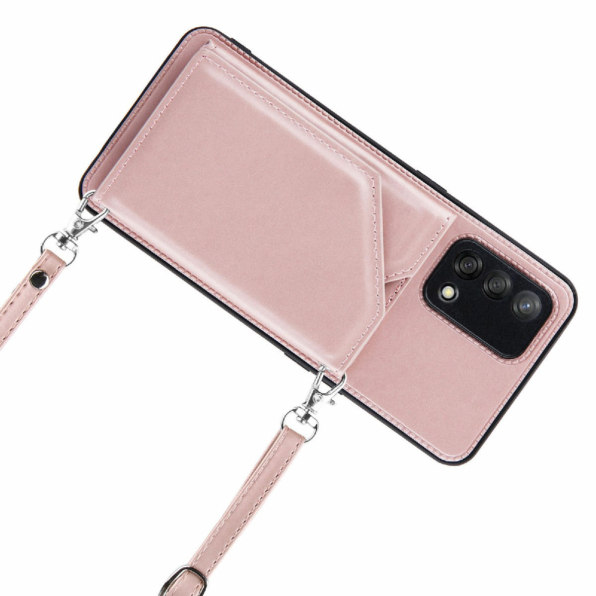 Kickstand Card Holder Glossy Leather TPU Hybrid Phone Case with Shoulder Strap for Oppo A74 4G/F19