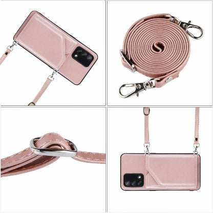 Kickstand Card Holder Glossy Leather TPU Hybrid Phone Case with Shoulder Strap for Oppo A74 4G/F19