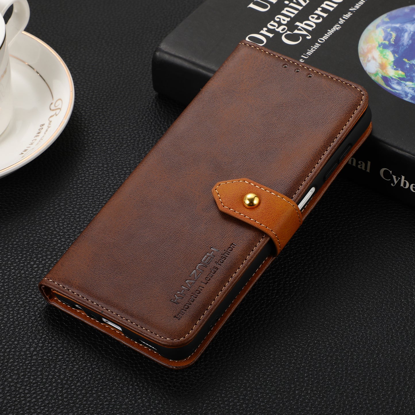 KHAZNEH Cell Phone Stand Case Leather Cover with Golden Magnetic Clasp for Oppo Reno6 Pro+ 5G/Pro 5G (Snapdragon)