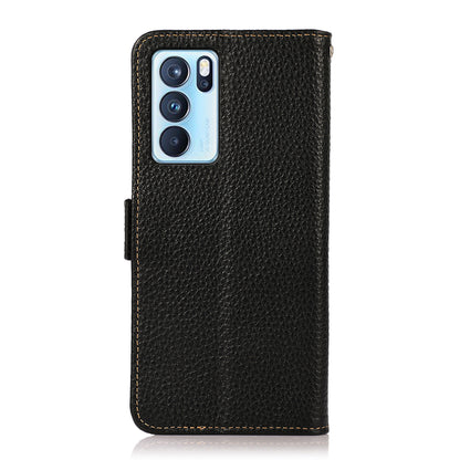 KHAZNEH Full Protection Litchi Texture Genuine Leather Anti-theft Swiping Design Phone Case for Oppo Reno6 Pro 5G (MediaTek)