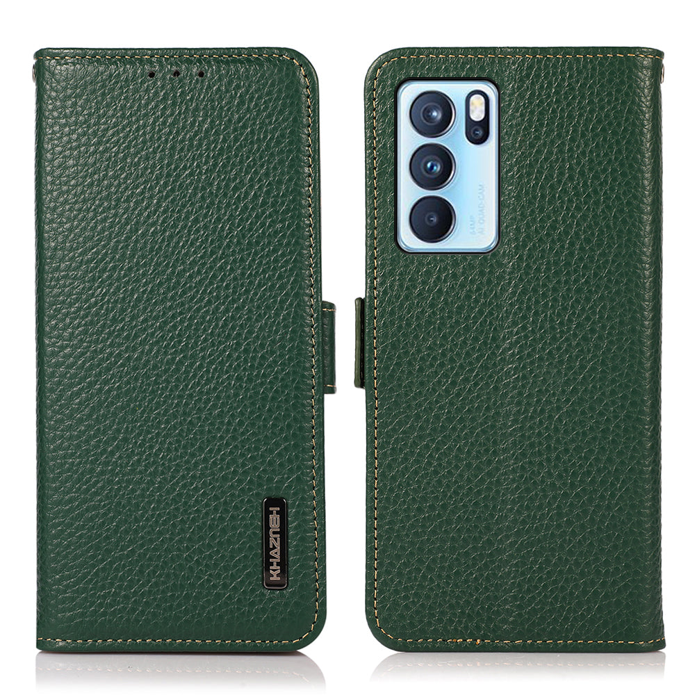 KHAZNEH Full Protection Litchi Texture Genuine Leather Anti-theft Swiping Design Phone Case for Oppo Reno6 Pro 5G (MediaTek)