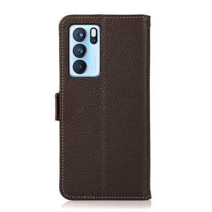 KHAZNEH Full Protection Litchi Texture Genuine Leather Anti-theft Swiping Design Phone Case for Oppo Reno6 Pro 5G (MediaTek)