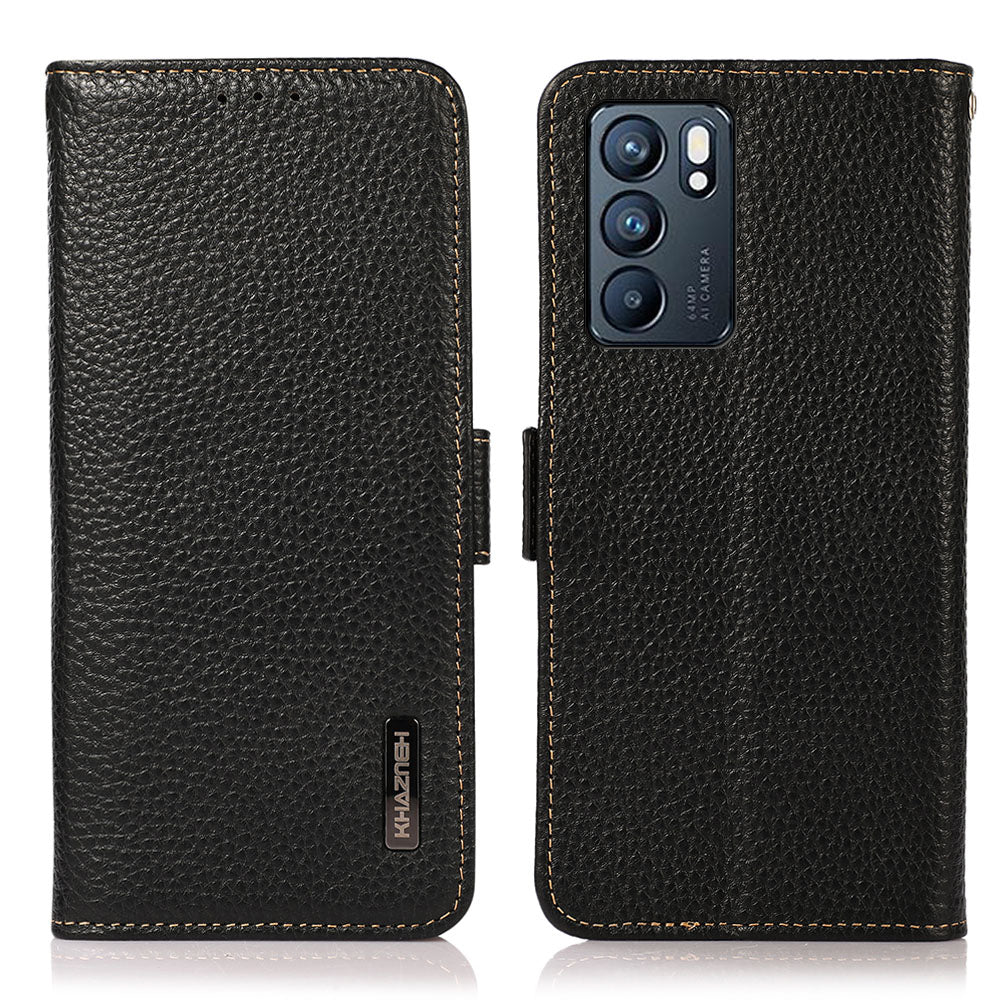 KHAZNEH Litchi Texture Genuine Leather Anti-theft Swiping Design Phone Case Cover for Oppo Reno6 5G