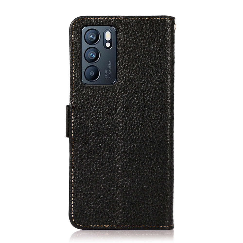 KHAZNEH Litchi Texture Genuine Leather Anti-theft Swiping Design Phone Case Cover for Oppo Reno6 5G