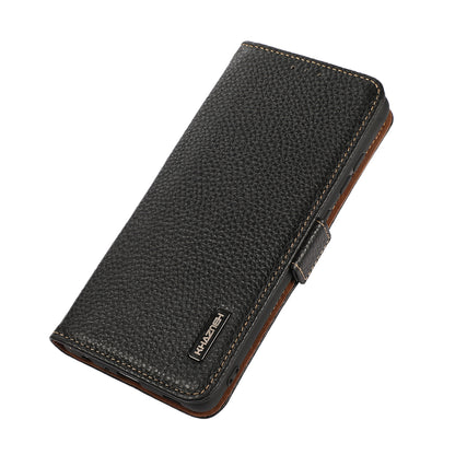 KHAZNEH Litchi Texture Genuine Leather Anti-theft Swiping Design Phone Case Cover for Oppo Reno6 5G