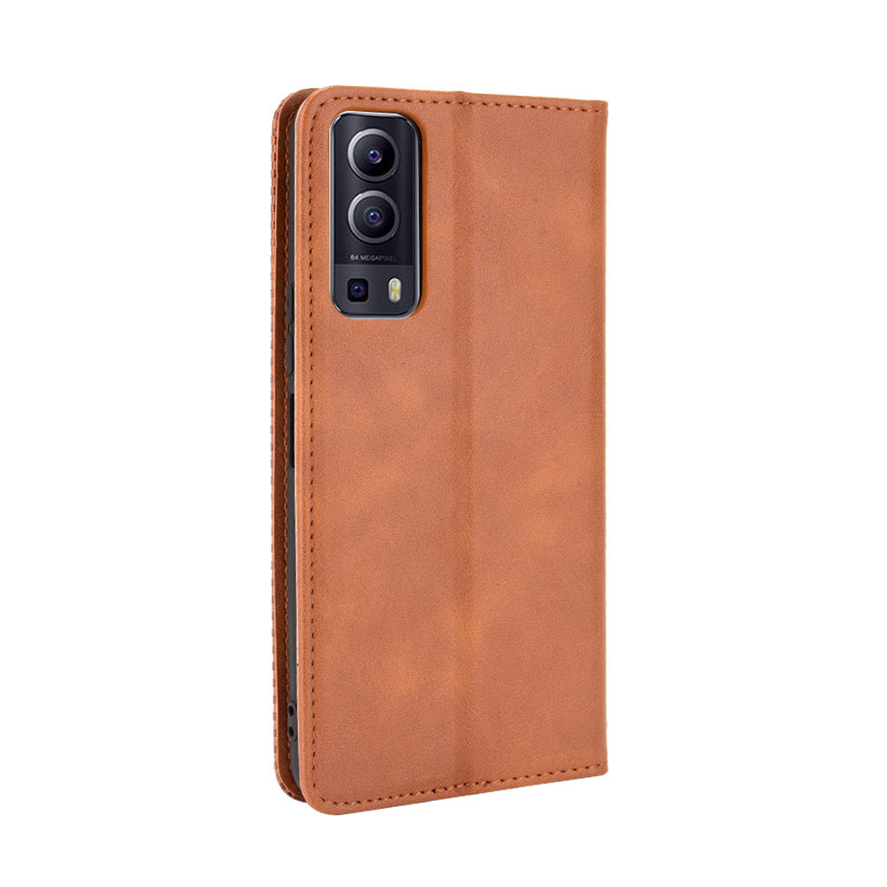 Magnetic Auto-absorbed Vintage Style Phone Wallet Stand Design Leather Case for vivo Y72 5G/iQOO Z3