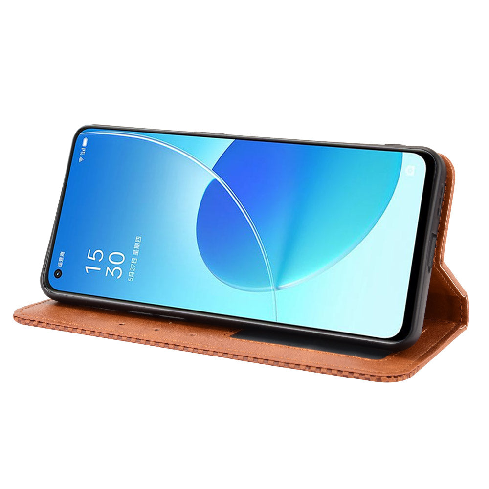 Vintage Style Magnetic Auto-absorbed Protective Wallet Stand Leather Phone Shell for Oppo Reno6 5G