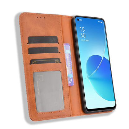 Vintage Style Magnetic Auto-absorbed Protective Wallet Stand Leather Phone Shell for Oppo Reno6 5G