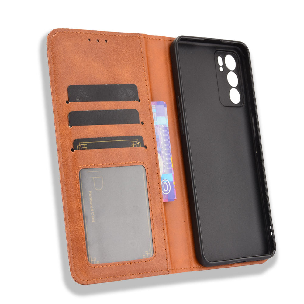 Vintage Style Magnetic Auto-absorbed Protective Wallet Stand Leather Phone Shell for Oppo Reno6 5G