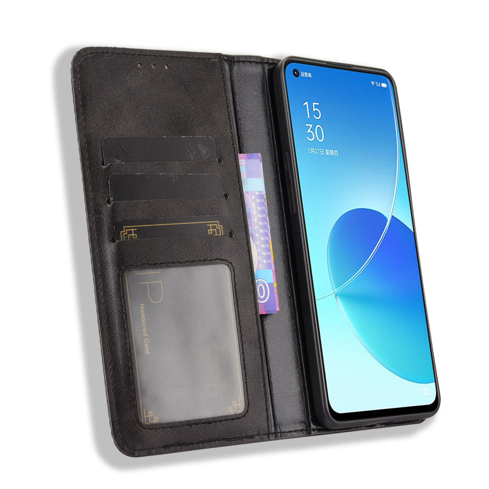 Vintage Style Magnetic Auto-absorbed Protective Wallet Stand Leather Phone Shell for Oppo Reno6 5G