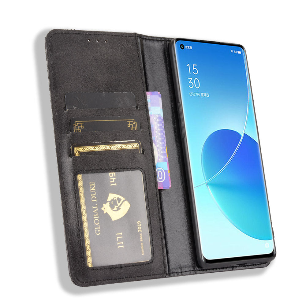 Vintage Style Magnetic Closure Leather Phone Case with Wallet Stand Design for Oppo Reno6 Pro 5G (MediaTek)