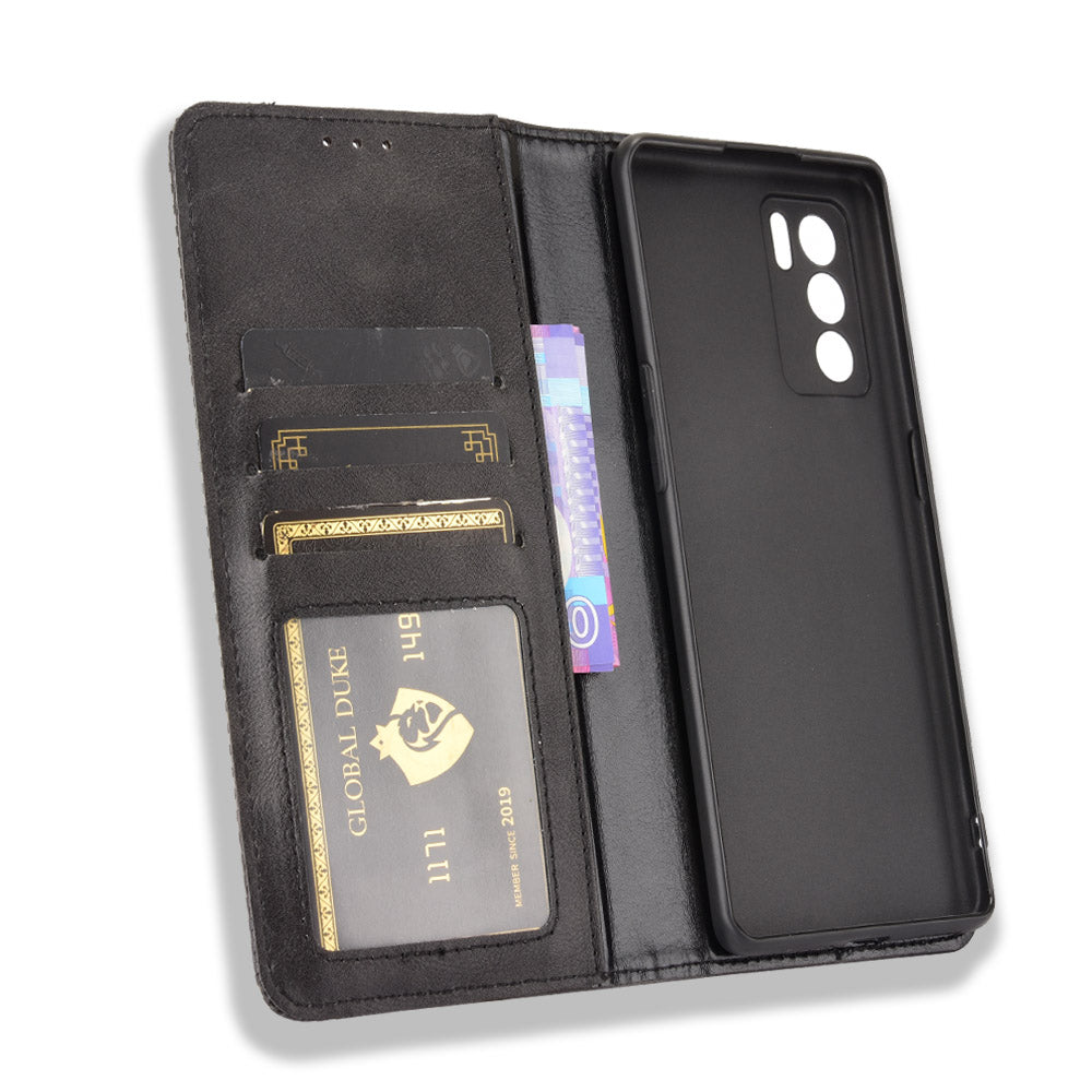 Vintage Style Magnetic Closure Leather Phone Case with Wallet Stand Design for Oppo Reno6 Pro 5G (MediaTek)