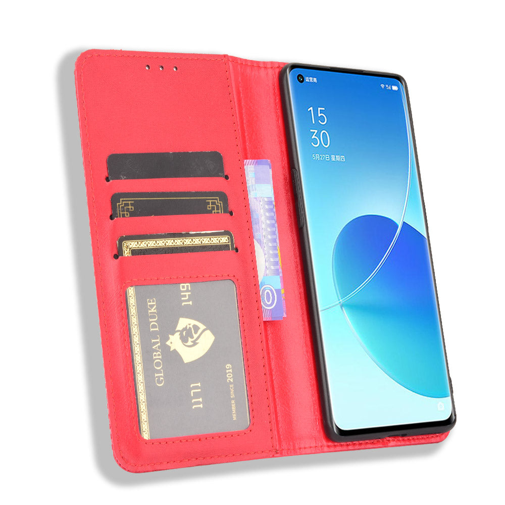 Vintage Style Magnetic Closure Leather Phone Case with Wallet Stand Design for Oppo Reno6 Pro 5G (MediaTek)