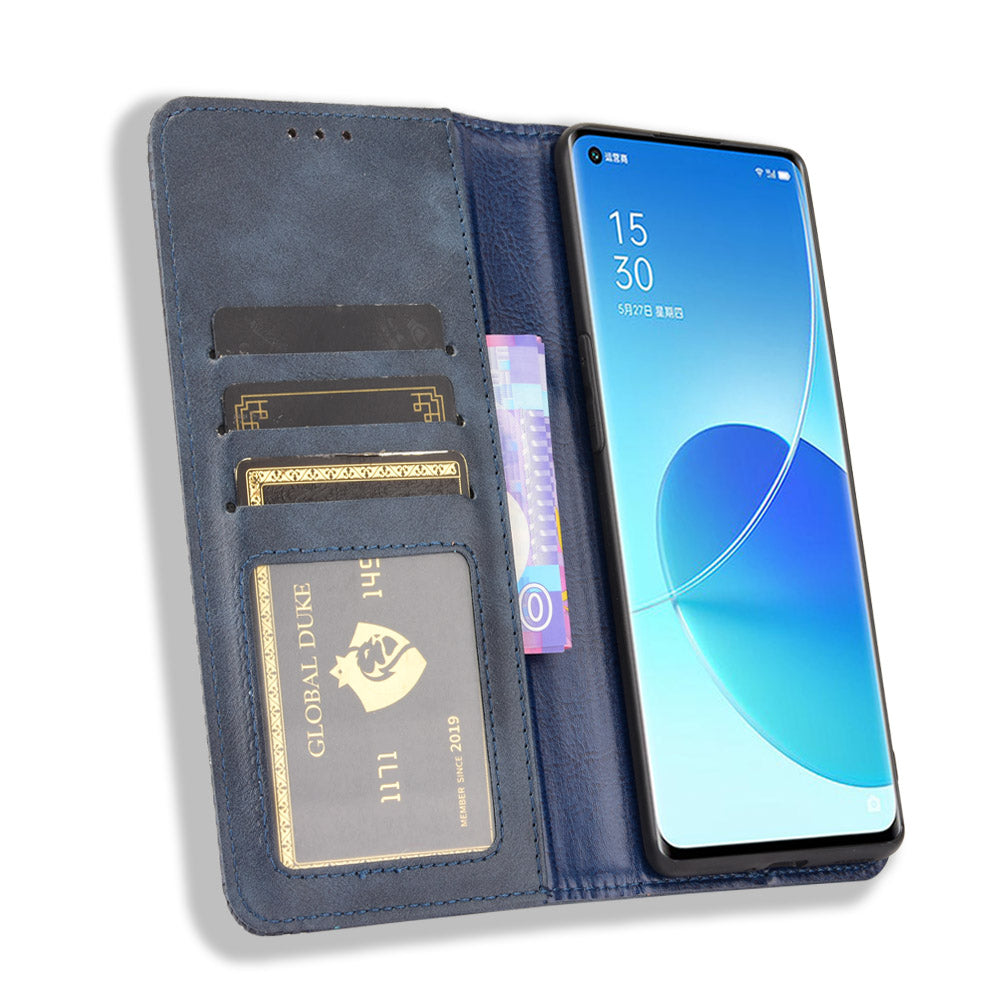 Vintage Style Magnetic Closure Leather Phone Case with Wallet Stand Design for Oppo Reno6 Pro 5G (MediaTek)