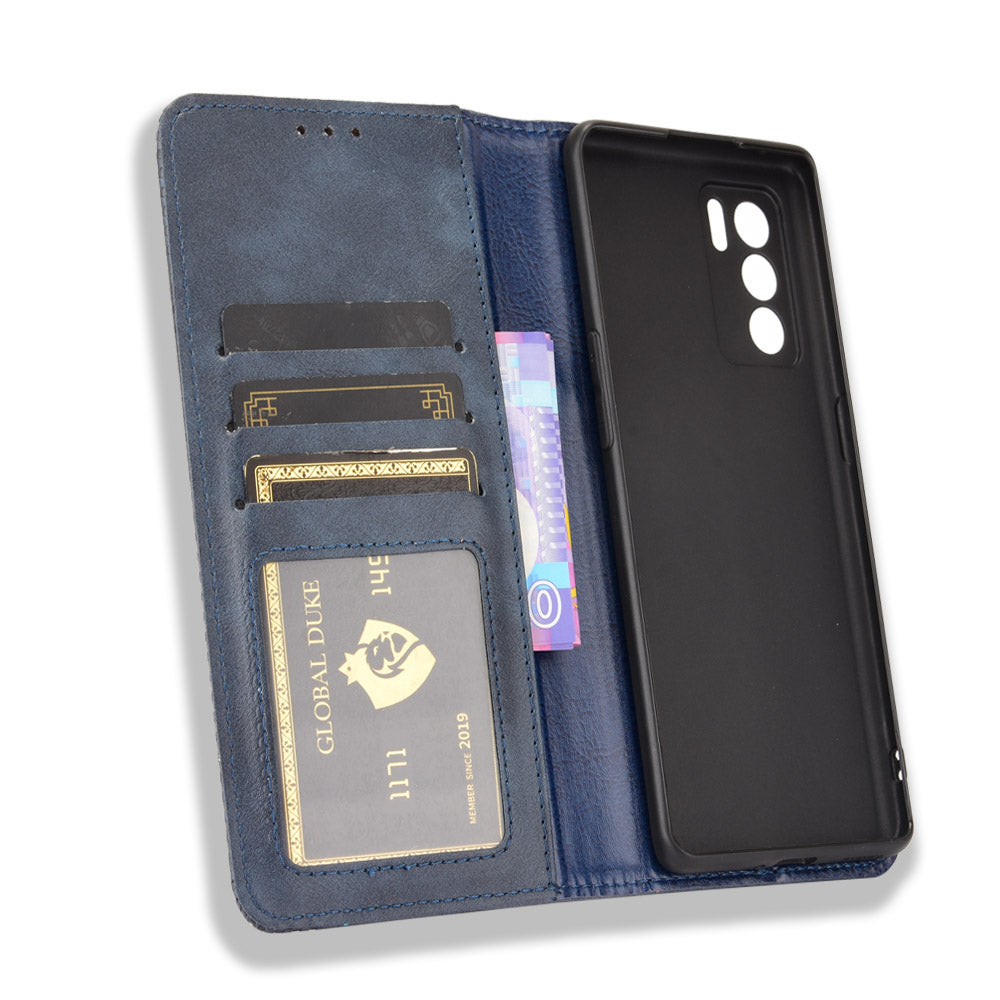 Vintage Style Magnetic Closure Leather Phone Case with Wallet Stand Design for Oppo Reno6 Pro 5G (MediaTek)