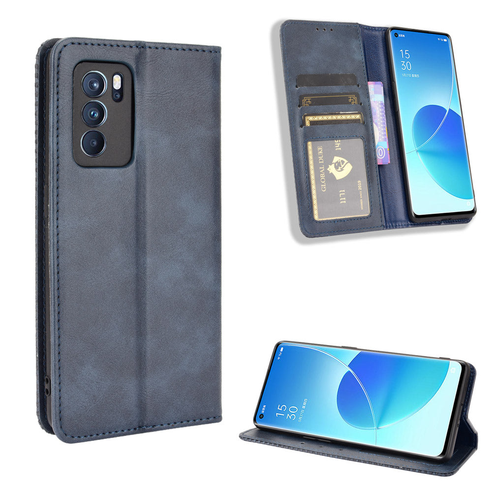 Vintage Style Magnetic Closure Leather Phone Case with Wallet Stand Design for Oppo Reno6 Pro 5G (MediaTek)