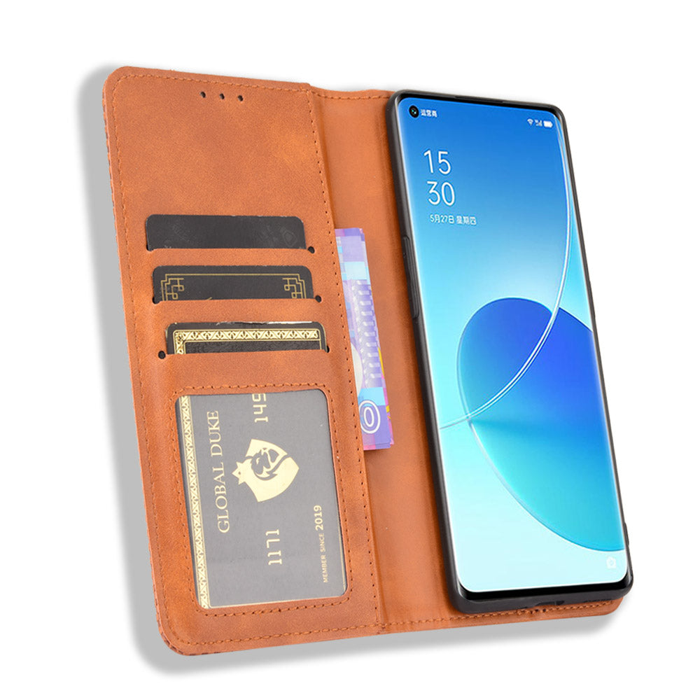 Vintage Style Magnetic Closure Leather Phone Case with Wallet Stand Design for Oppo Reno6 Pro 5G (MediaTek)