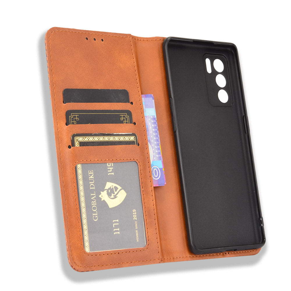 Vintage Style Magnetic Closure Leather Phone Case with Wallet Stand Design for Oppo Reno6 Pro 5G (MediaTek)