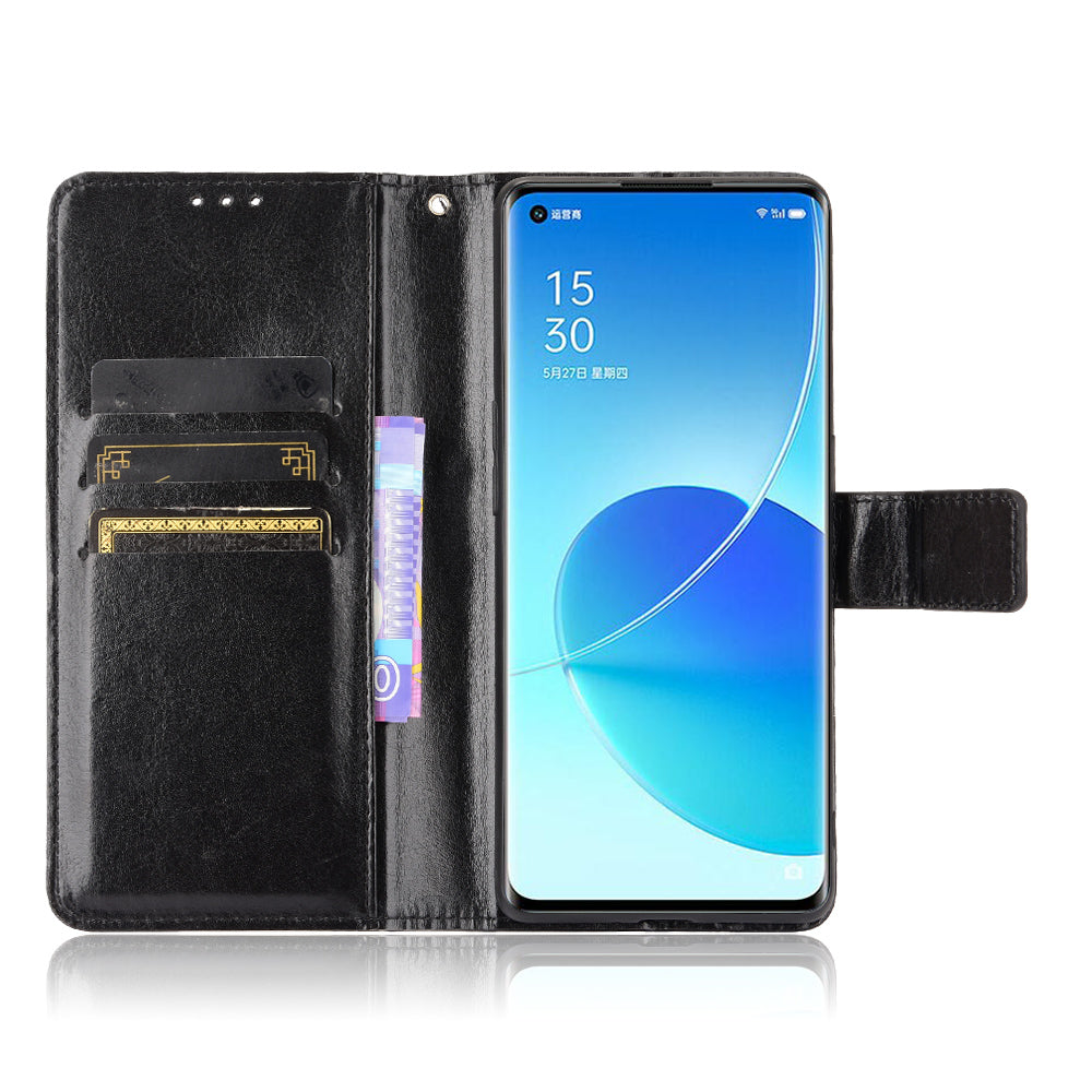 Crazy Horse Texture Wallet Stand PU Leather Phone Shell Case for Oppo Reno6 Pro+ 5G/Pro 5G (Snapdragon)