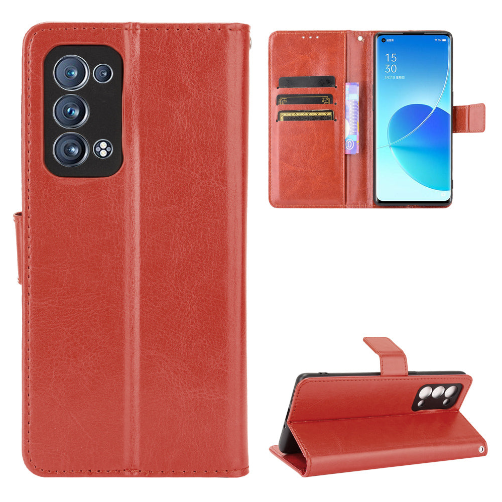 Crazy Horse Texture Wallet Stand PU Leather Phone Shell Case for Oppo Reno6 Pro+ 5G/Pro 5G (Snapdragon)