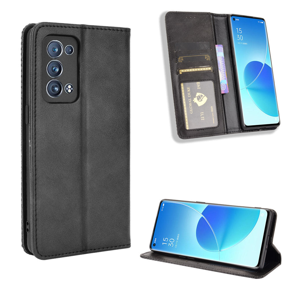 Wallet Stand Design Vintage Style Magnetic Auto-absorbed Leather Phone Case for Oppo Reno6 Pro+ 5G/Pro 5G (Snapdragon)