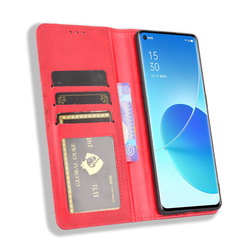 Wallet Stand Design Vintage Style Magnetic Auto-absorbed Leather Phone Case for Oppo Reno6 Pro+ 5G/Pro 5G (Snapdragon)