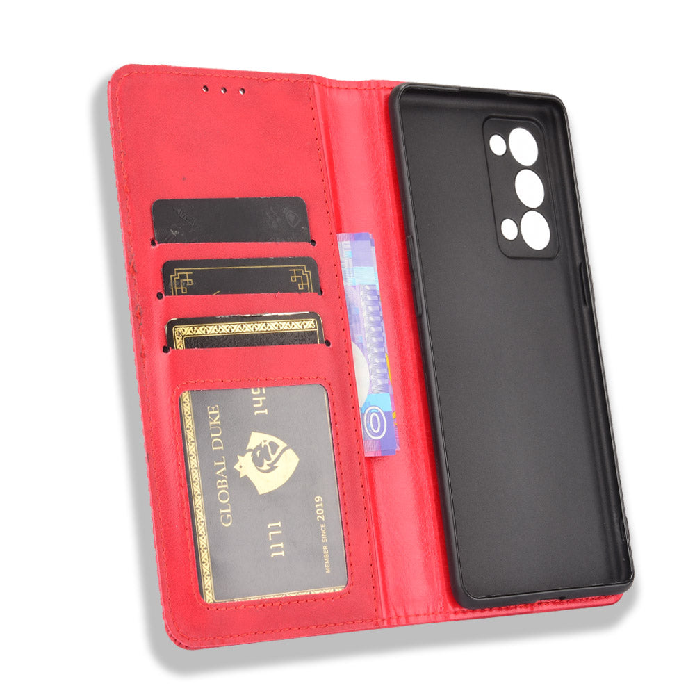 Wallet Stand Design Vintage Style Magnetic Auto-absorbed Leather Phone Case for Oppo Reno6 Pro+ 5G/Pro 5G (Snapdragon)