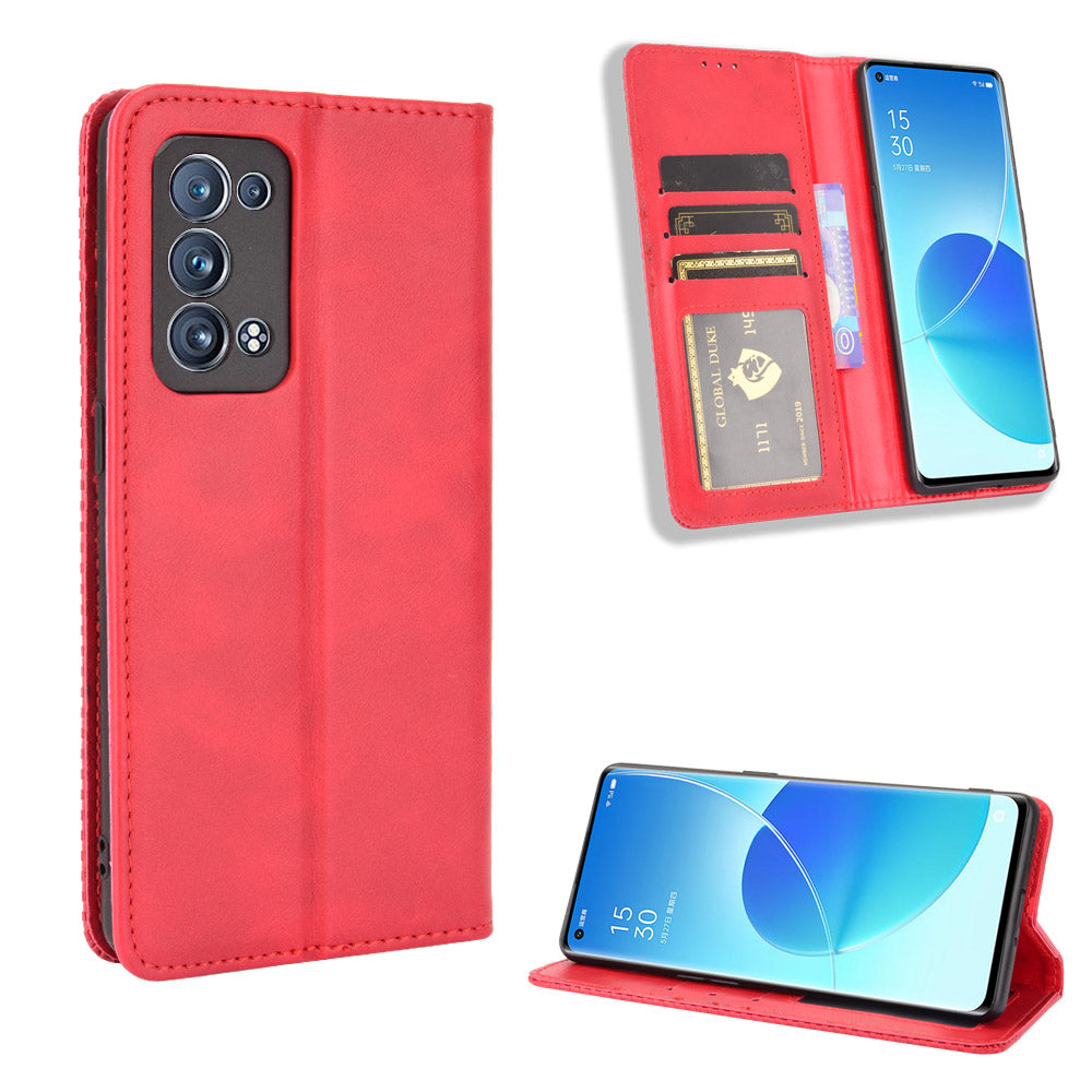 Wallet Stand Design Vintage Style Magnetic Auto-absorbed Leather Phone Case for Oppo Reno6 Pro+ 5G/Pro 5G (Snapdragon)