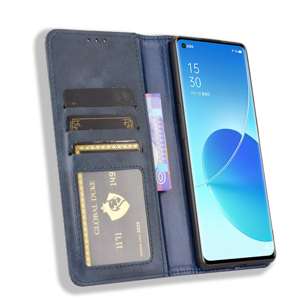 Wallet Stand Design Vintage Style Magnetic Auto-absorbed Leather Phone Case for Oppo Reno6 Pro+ 5G/Pro 5G (Snapdragon)