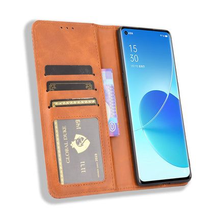 Wallet Stand Design Vintage Style Magnetic Auto-absorbed Leather Phone Case for Oppo Reno6 Pro+ 5G/Pro 5G (Snapdragon)