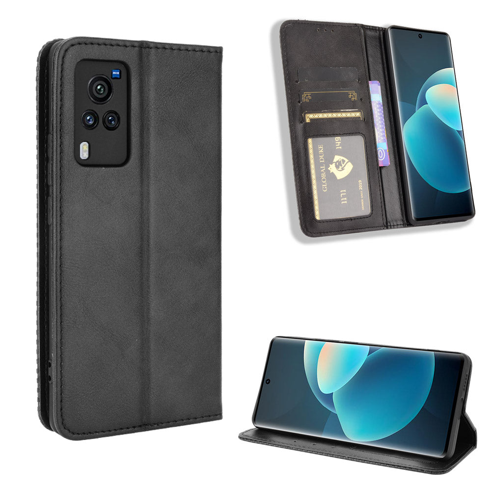 Vintage Magnetic Auto-absorbed Leather Phone Case with Wallet Stand Design for vivo X60 5G/X60 Pro 5G (Global)