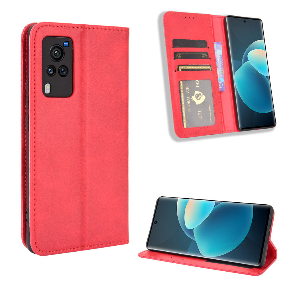 Vintage Magnetic Auto-absorbed Leather Phone Case with Wallet Stand Design for vivo X60 5G/X60 Pro 5G (Global)