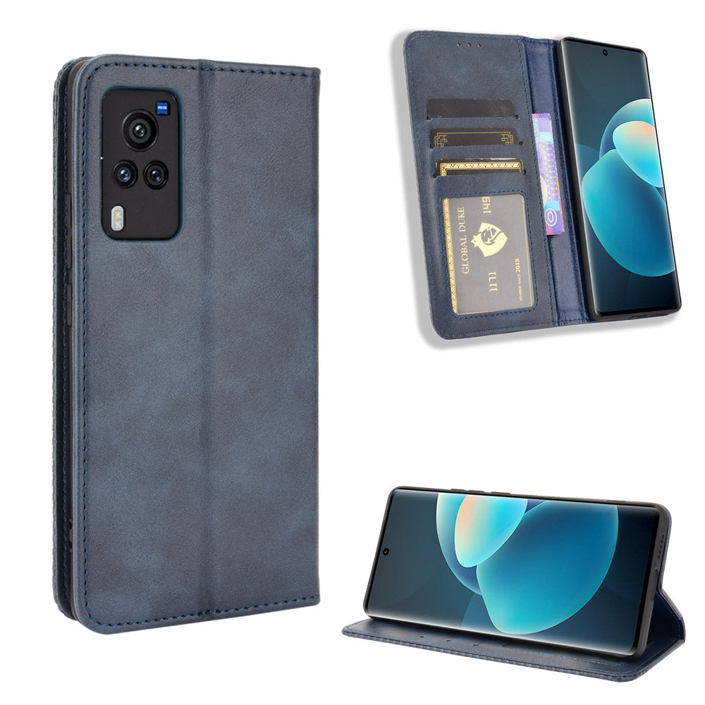 Vintage Magnetic Auto-absorbed Leather Phone Case with Wallet Stand Design for vivo X60 5G/X60 Pro 5G (Global)