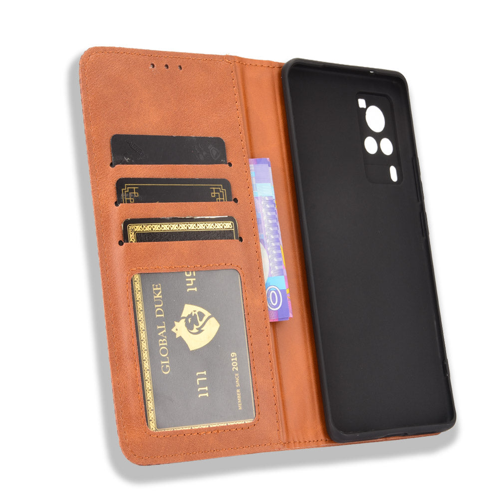 Vintage Magnetic Auto-absorbed Leather Phone Case with Wallet Stand Design for vivo X60 5G/X60 Pro 5G (Global)