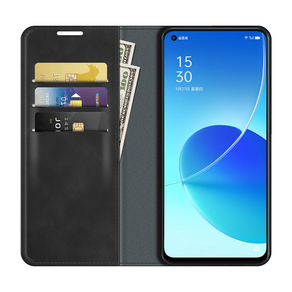 Skin-touch Auto-absorbed Folio Flip Leather Case with Wallet Stand for Oppo Reno6 5G